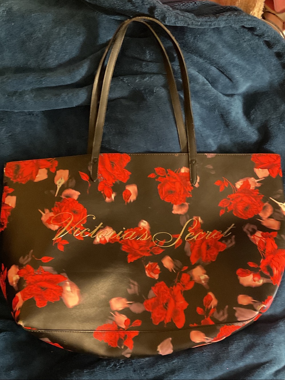 Victoria's Secret Black Tote with Red Floral Print and Gold Logo